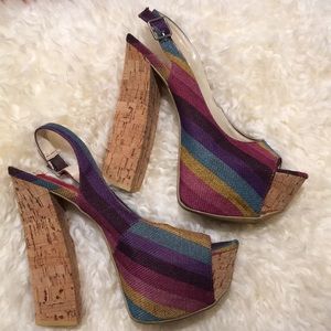 Funky Rainbow Cork Peep Toe Chunky Heel ✌🏻